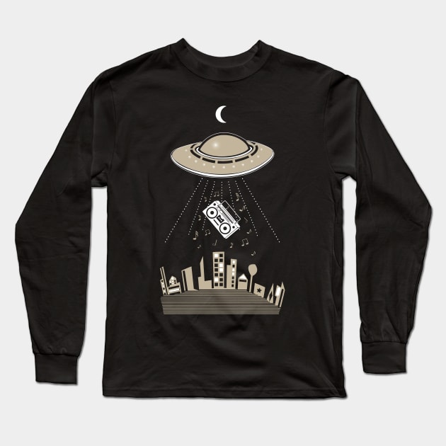 UFO Boombox Abduction Retro 80s Long Sleeve T-Shirt by Cosmic Dust Art